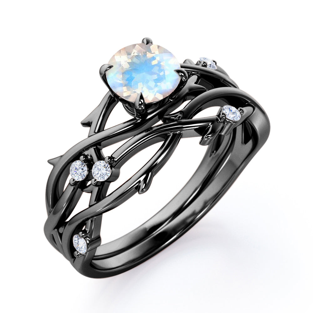 Eccentric nature inspired 1.15 carat Round cut Moonstone and diamond earthy Bridal set for women in White gold