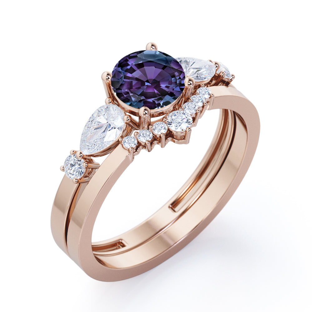 Modern Chevron 0.75 carat Round cut Lab created Alexandrite and diamond crown inspired wedding ring set in White gold
