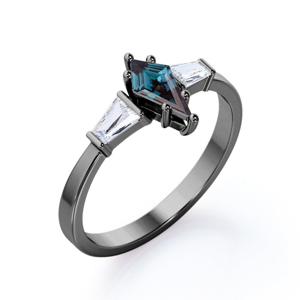Baguette style 1.1 carat Kite shaped Alexandrite and diamond unique three stone engagement ring in White gold