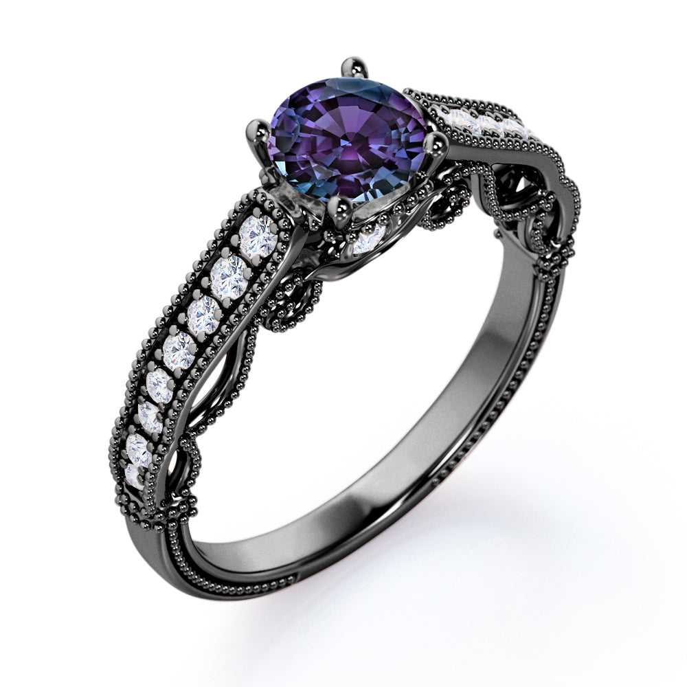 Vintage Freestyle 1.25 carat Round cut Lab created Alexandrite and diamond milgrain engagement ring in White gold