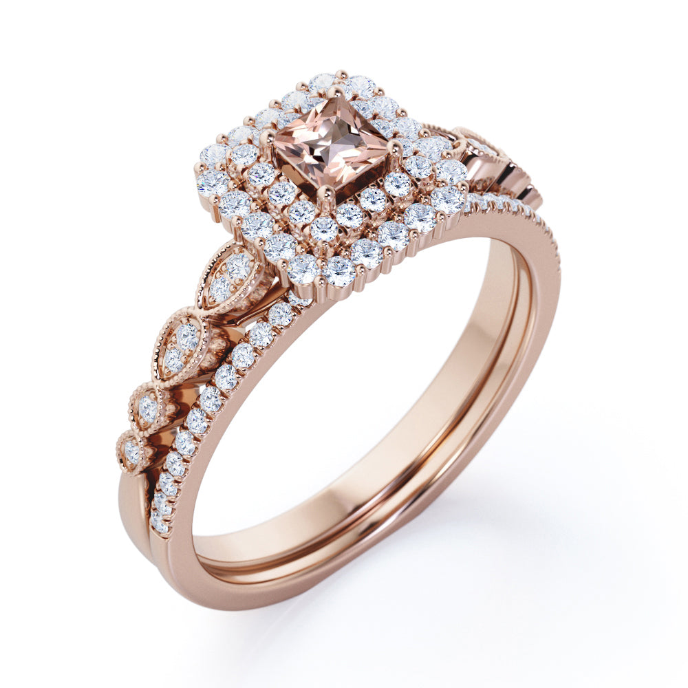 Intricate Double Halo 1.5 carat Princess cut Morganite and diamond Milgrain pave engagement ring set for women in yellow gold