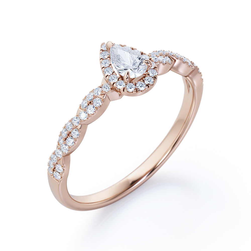Infinity twist 0.5 carat Pear shape diamond vintage halo engagement ring in white gold-Promise ring
