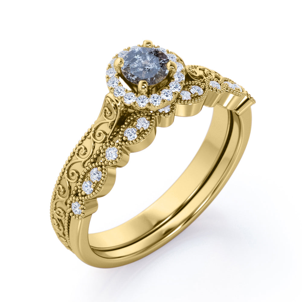 Authentic Filigree 0.75 carat Round cut Salt and pepper diamond and White diamond halo style wedding ring set in Rose gold