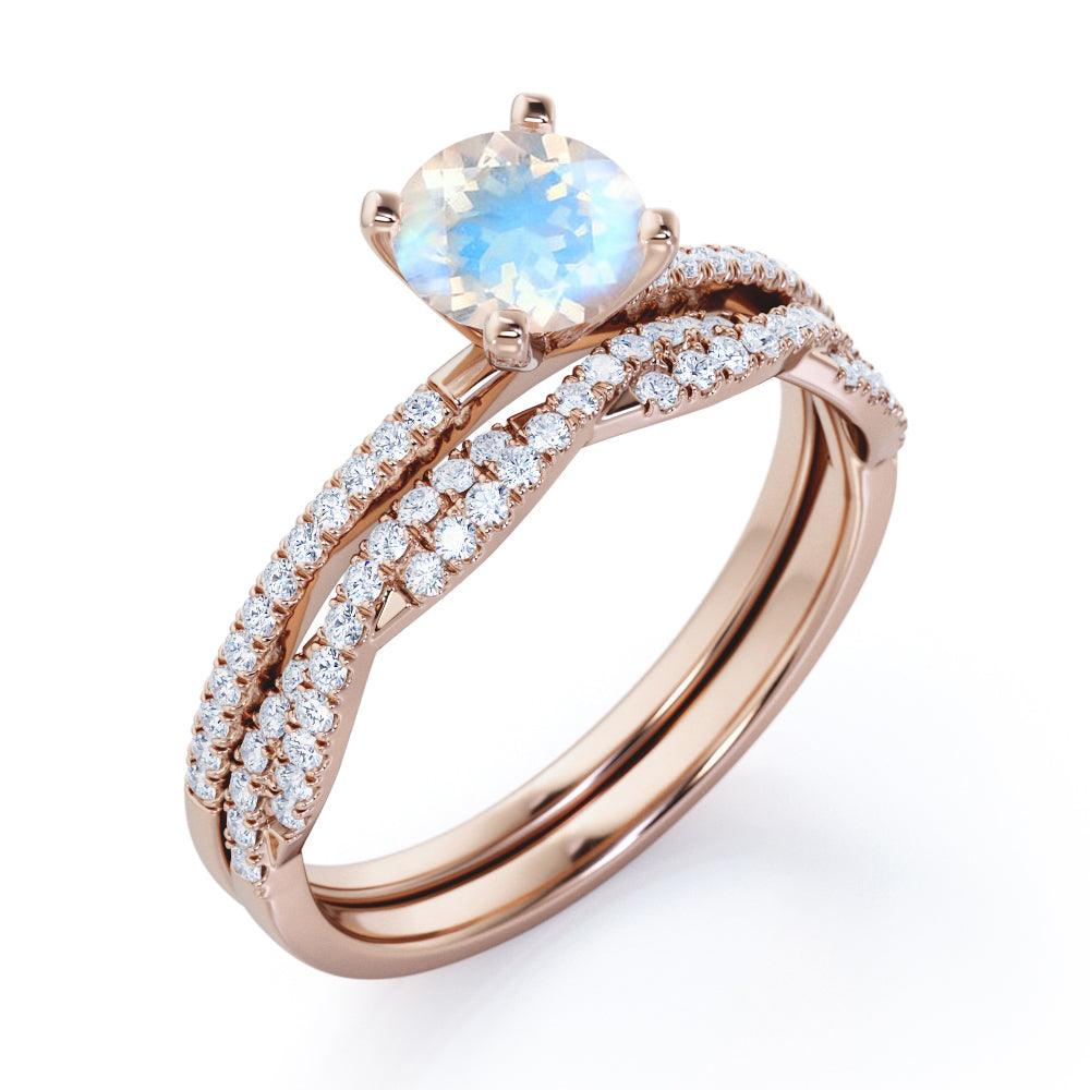 Classic 1.5 carat round cut Moonstone Wedding ring set with matching semi-infinity diamond wedding ring band in White gold