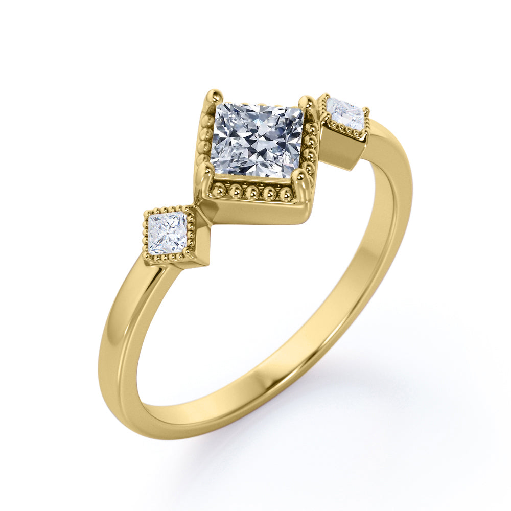 Three stone Bezel set 1.1 carat Princess cut Moissanite and diamond Milgrain wedding ring set for her in White gold