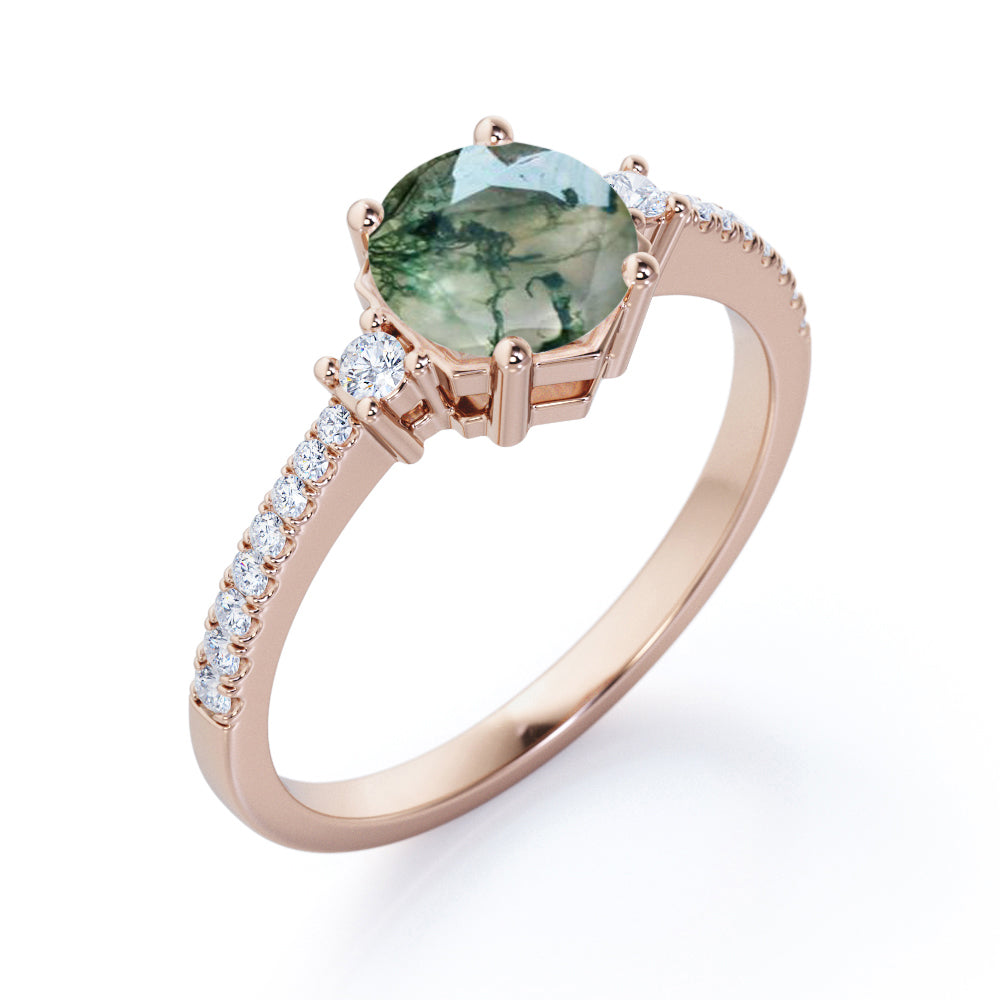 1.35 carat Round cut Moss Agate and diamond trinity pave engagement ring in Yellow gold
