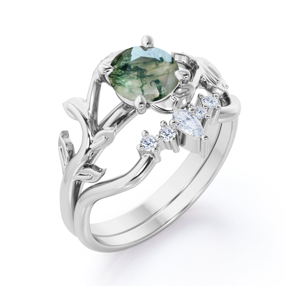 Earthy Tiara style 1.2 carat Round cut Moss Green Agate and diamond nature inspired wedding ring set in Rose gold