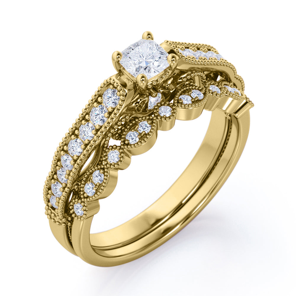 Vintage channel set 1.25 carat Round cut Moissanite and diamond art deco milgrain wedding ring set in white gold
