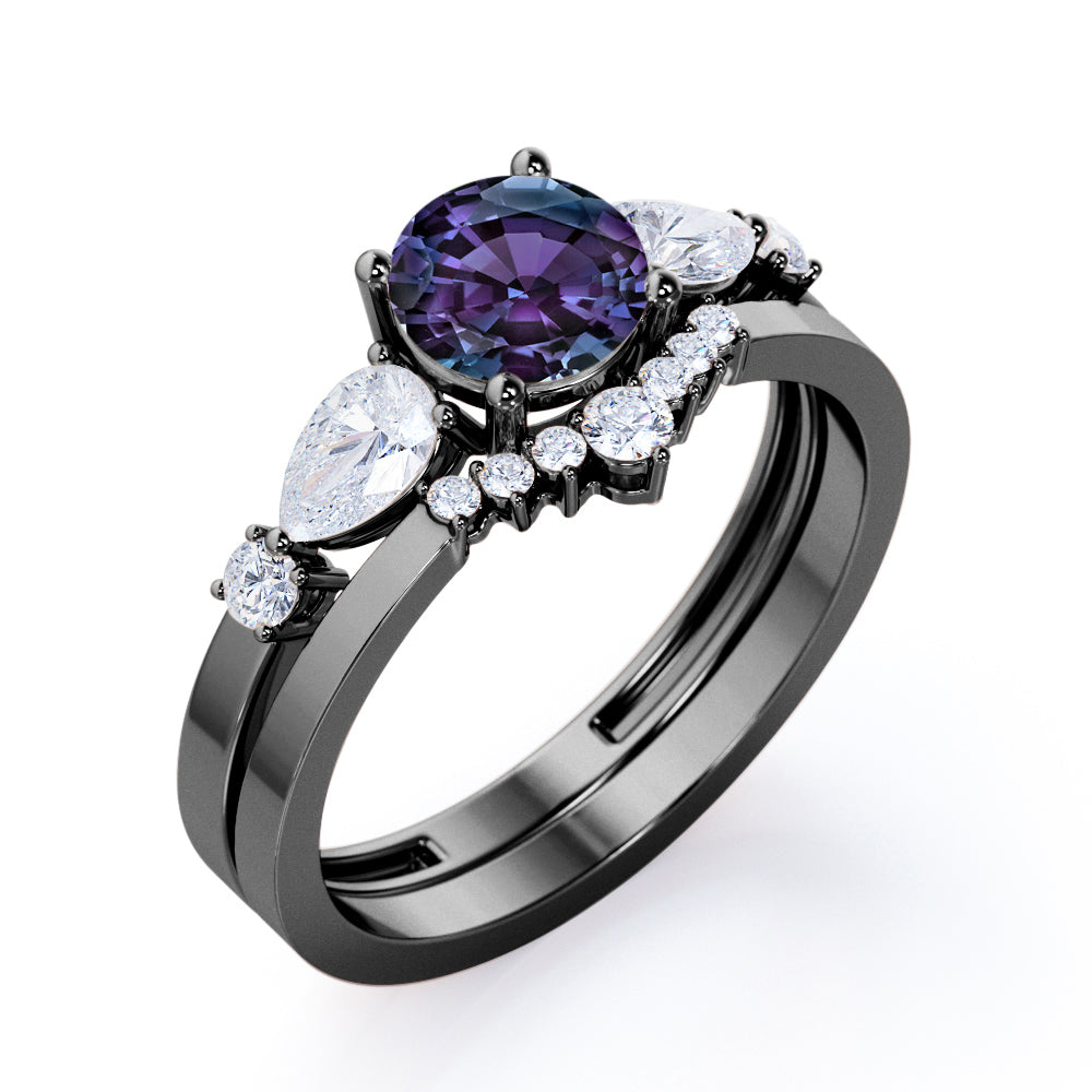 Modern Chevron 0.75 carat Round cut Lab created Alexandrite and diamond crown inspired wedding ring set in White gold