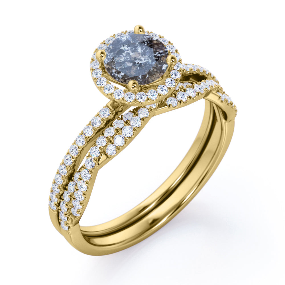 Vintage Halo 1.1 carat Round cut salt and pepper diamond Engagement ring with diamond infinity wedding band - Bridal set in White gold