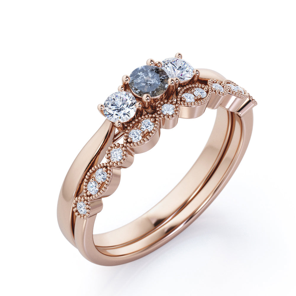 Three stone Milgrain 0.75 carat Round cut salt and pepper diamond and white diamond wedding ring set for women in white gold