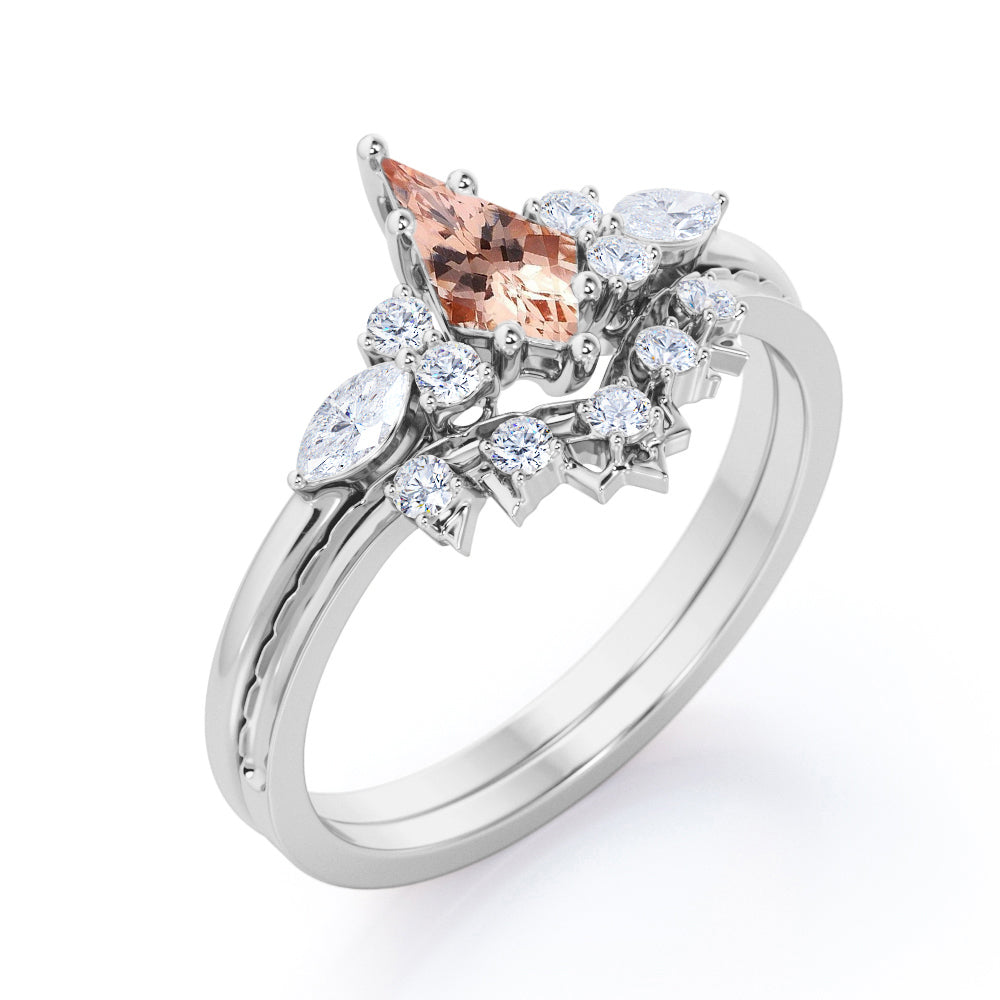 Chevron Triad 1.35 carat Kite shaped Peach Pink Morganite and diamond 7 stone Bridal set in Yellow gold