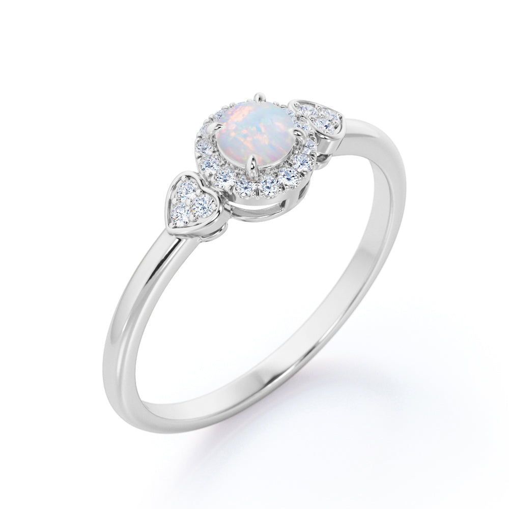 Romantic 0.75 carat Round cut Fire opal and diamond 3 stone halo engagement ring for women-Heart ring