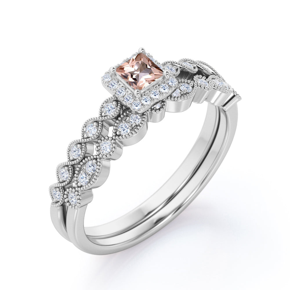 Vintage scalloped 1.25 carat Princess cut Peach Morganite and diamond antique bridal set for women in yellow gold