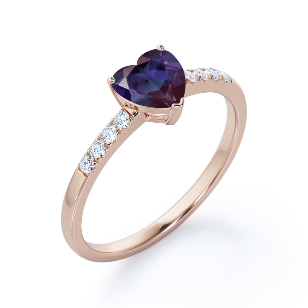 Romantic Pave 1.2 carat Heart shaped Alexandrite and diamond art deco inspired engagement ring in Black gold