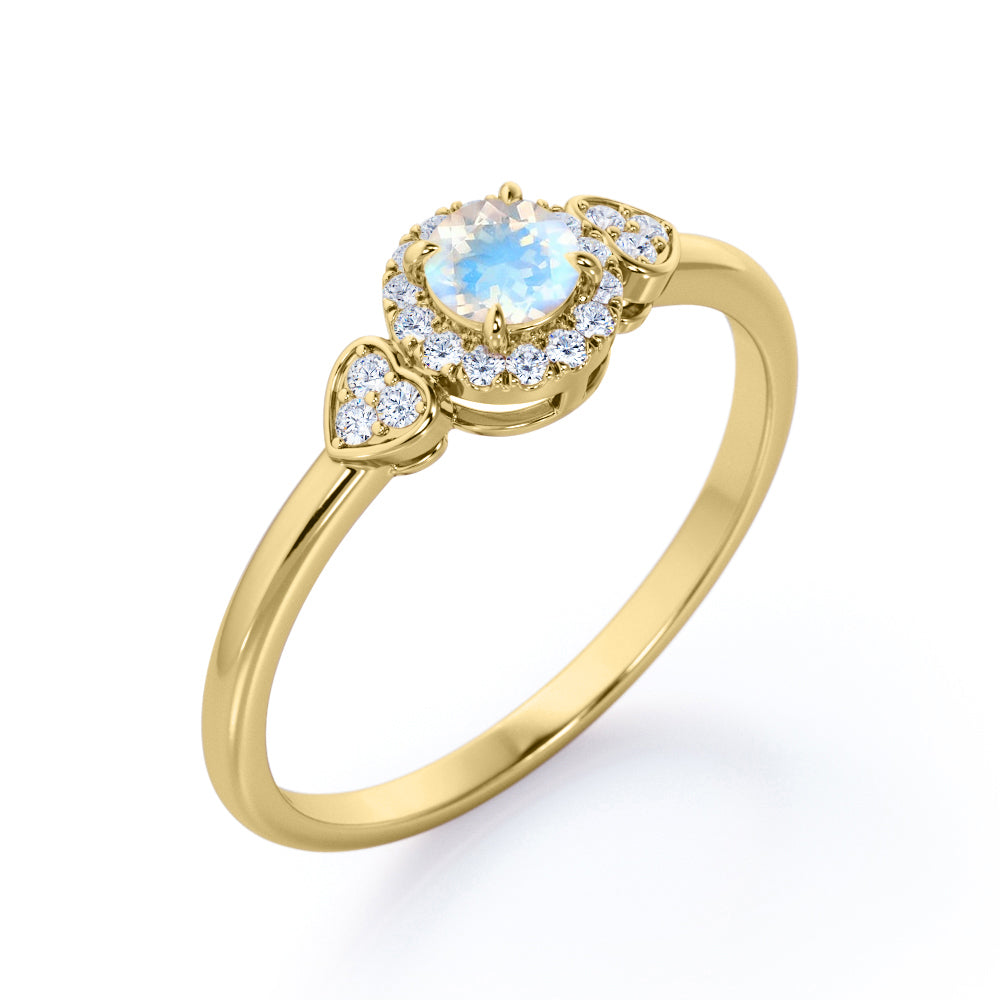 Triple stone 1.25 carat Round cut Rainbow Moonstone and diamond vintage double heart sweetheart ring in Rose gold-Engagement ring