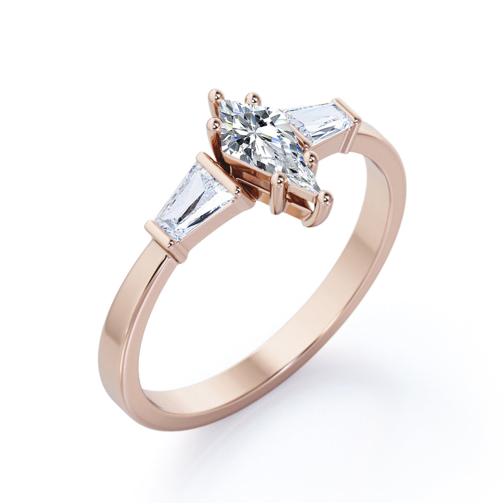 Eccentric 1.2 carat Kite shaped Moissanite and diamond art deco baguette engagement ring in Black gold