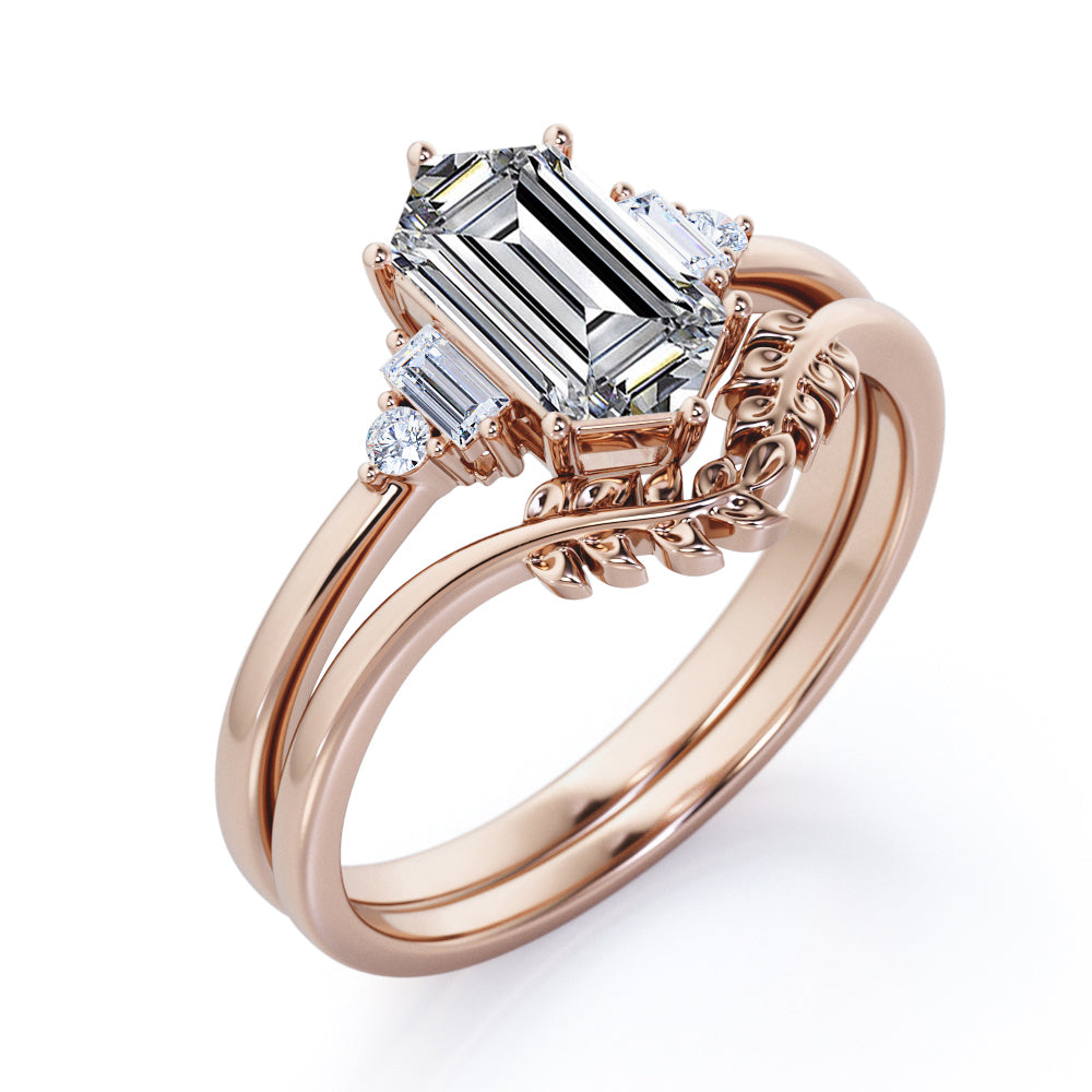 Vintage leaf design 1.1 carat Hexagon shaped Moissanite and diamond wedding ring set for women in Black gold