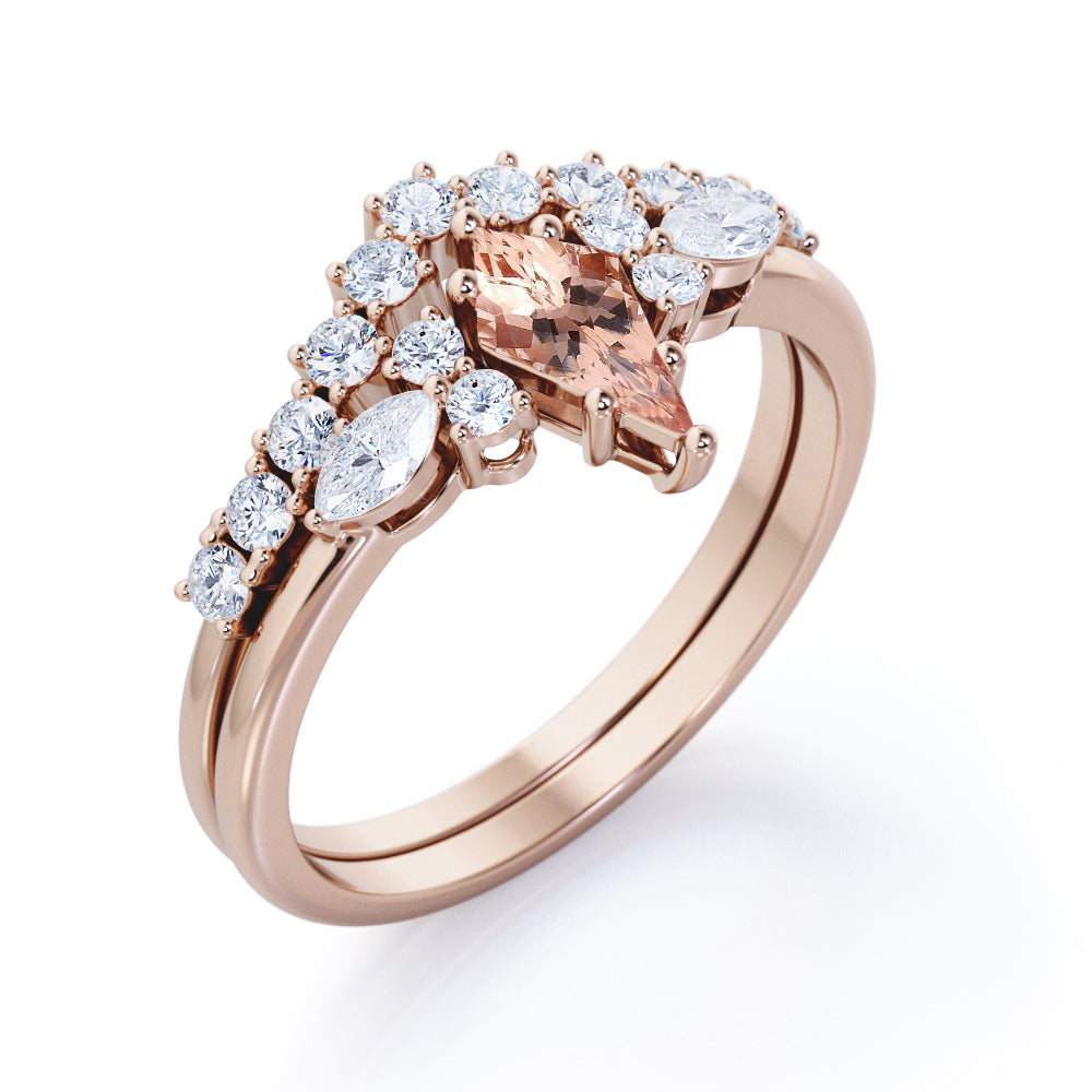 Garland Chevron 1.45 carat Kite shaped Peach Morganite and diamond 6 prong Bridal wedding ring set for women in Yellow gold