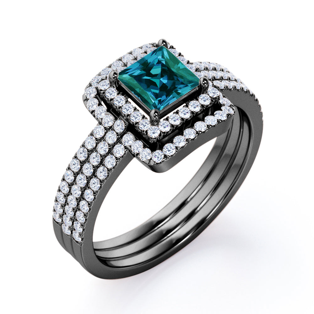 Elegant Eternity 1.75 carat Princess cut Lab created Alexandrite and diamond trio wedding ring set for women in White gold