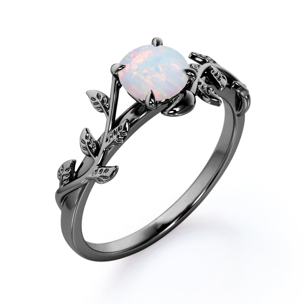 Classic nature inspired 1 carat Round cut Australian Opal vine and leaf engagement ring in White gold