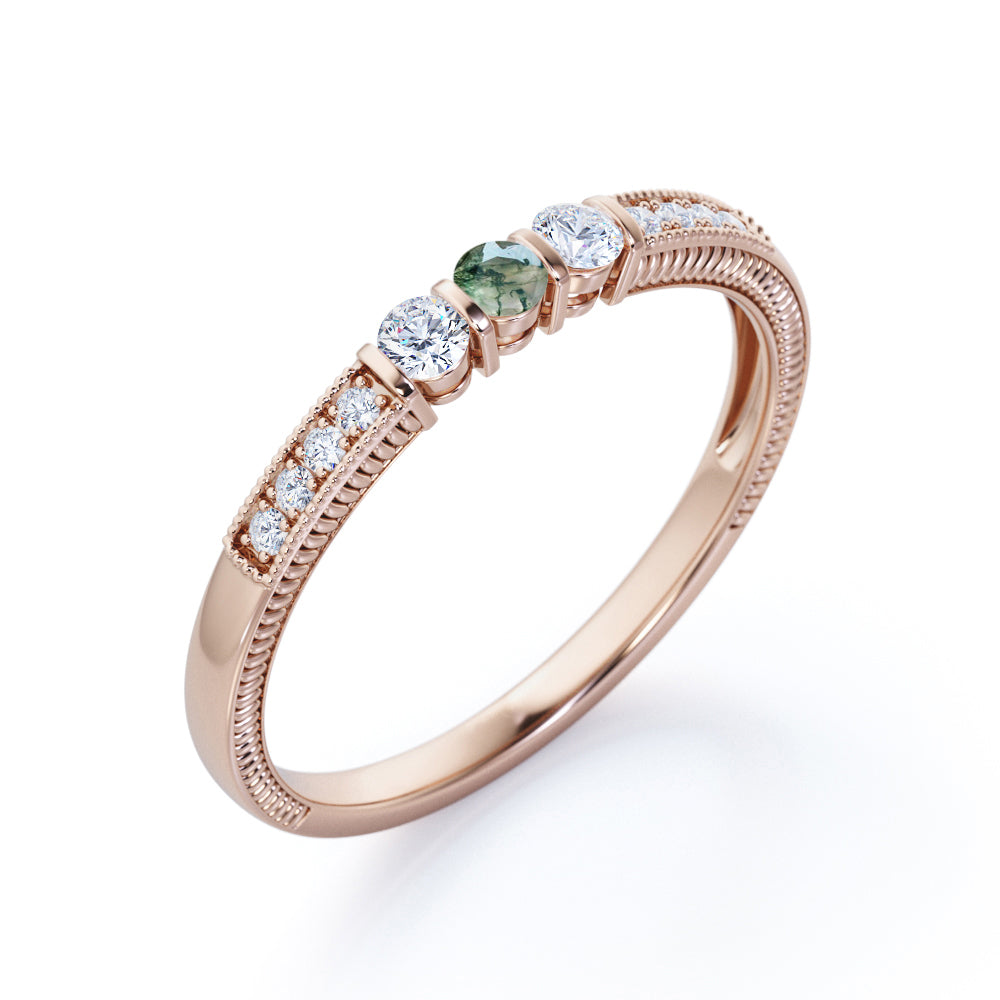Delicate Filigree and bead décor 0.45 carat Round cut Moss Green Agate and diamond vintage style engagement ring in White gold