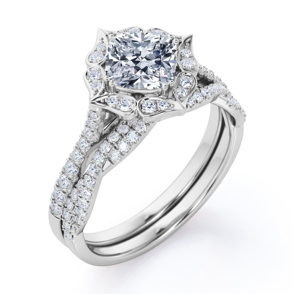Cluster halo 1.6 carat Cushion cut moissanite and diamond pave wedding ring set in Whit gold