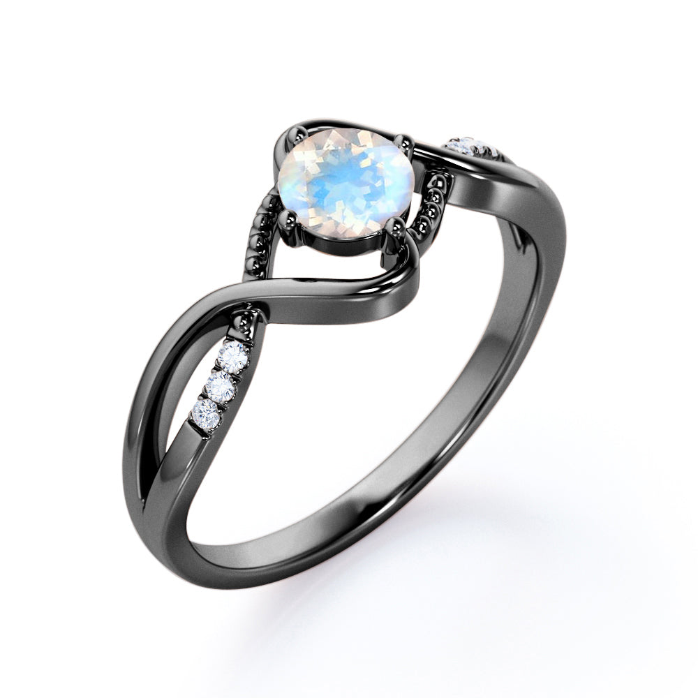Trendy Twists 0.6 carat Round cut Rainbow Moonstone and diamond infinity pave engagement ring in White gold