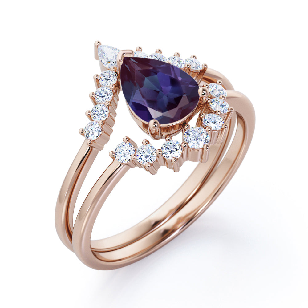 Elegant Vintage inspired 1.25 carat Pear shaped Lab made Alexandrite and diamond bridal set for women in Black gold