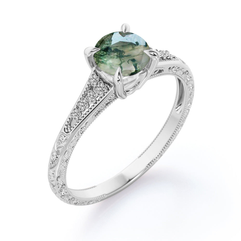 Milgrain Split Shank 1 carat Round cut Moss Green Agate-floral filigree-nature inspired engagement ring in Rose gold