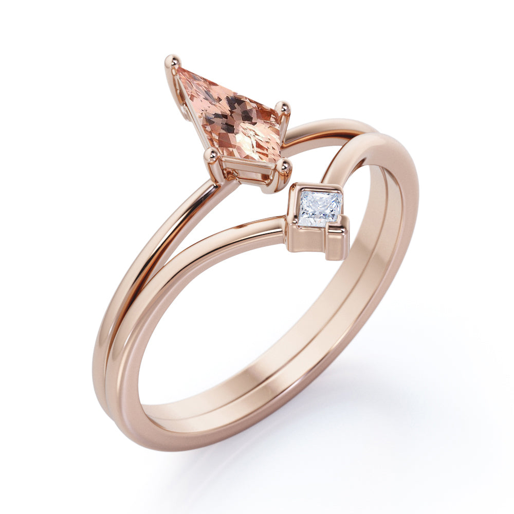 Double Layered 1 carat Kite shaped Morganite and diamond pointed chevron wedding ring set in Black gold
