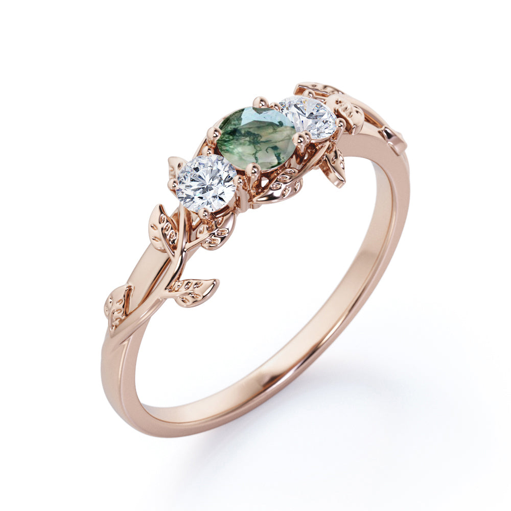 Nature inspired Trilogy 0.65 Round cut Moss Green Agate and diamond Anniversary ring for women in White Gold - Engagement ring