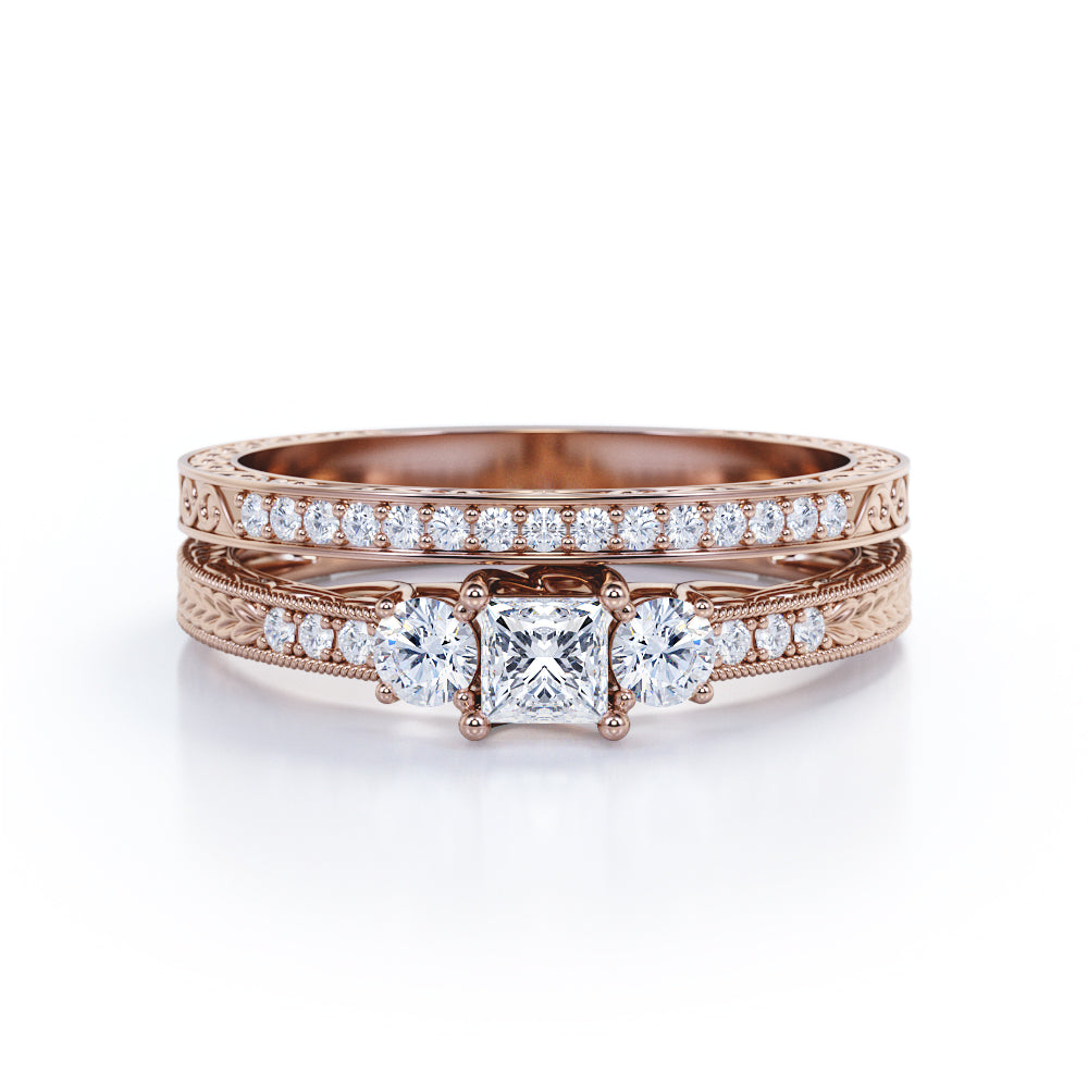 Exquisite trilogy 1.2 carat Princess cut Moissanite and diamond antique filigree wedding ring set for her - Bridal set