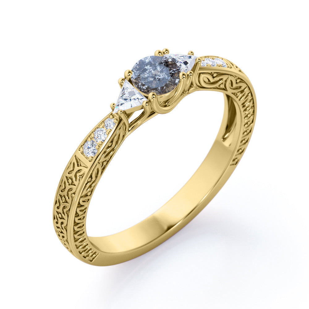 Past, Present, Future 0.6 carat Round cut Salt and pepper diamond vintage trillion engagement ring in White gold