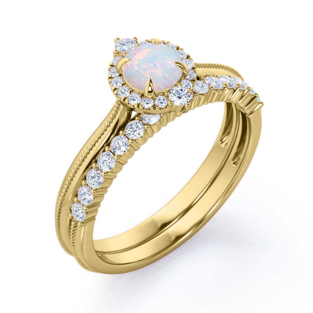 Unique Halo 0.8 carat Round cut Ethiopian Opal and diamond Milgrain Bridal set for women in gold