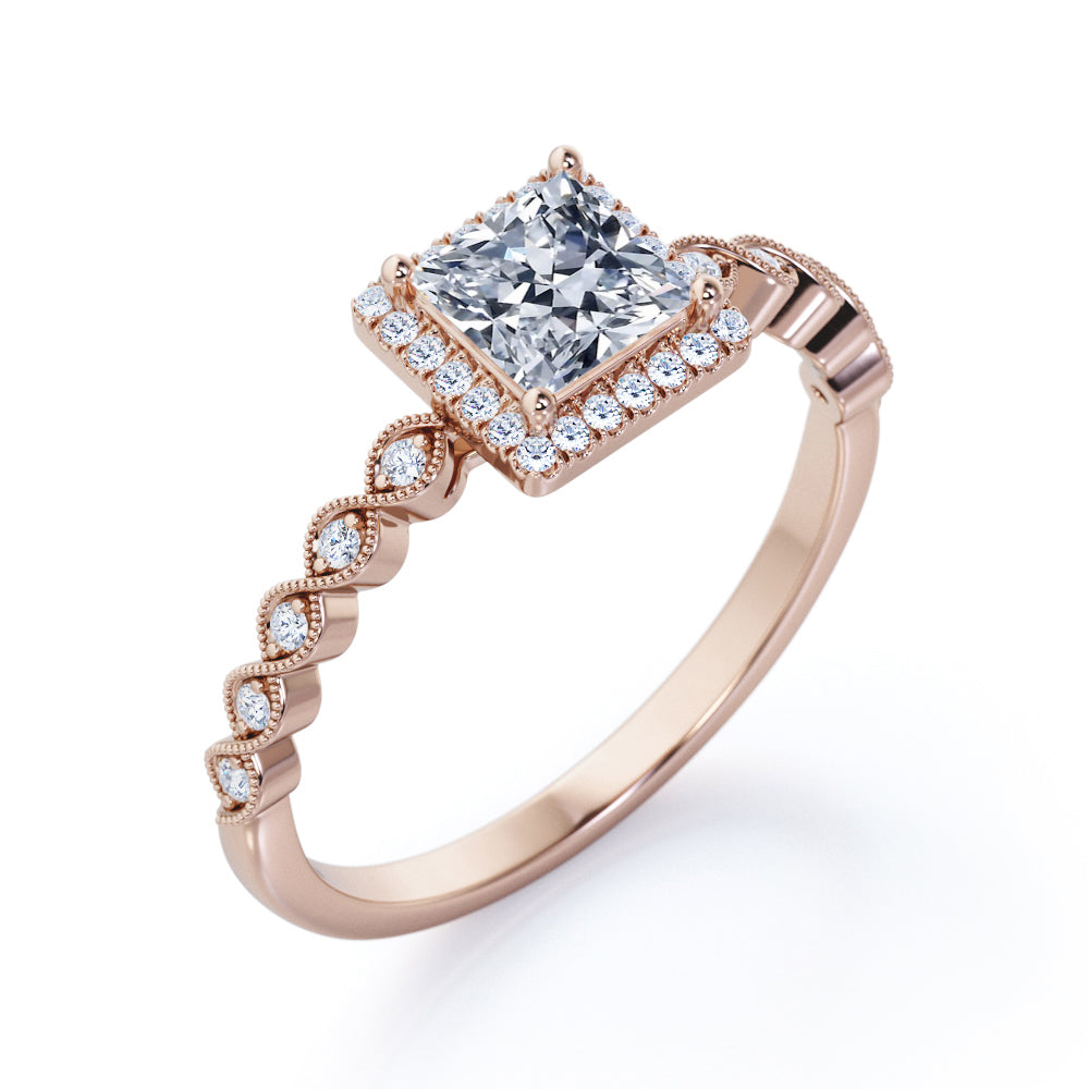 Princess Halo 1.35 carat square cut Moissanite and diamond vintage engagement ring in White gold