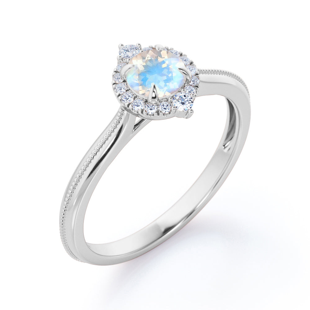 Authentic Milgrain Round cut 1.15 carat Moonstone and Diamond Halo Bridal set in White gold