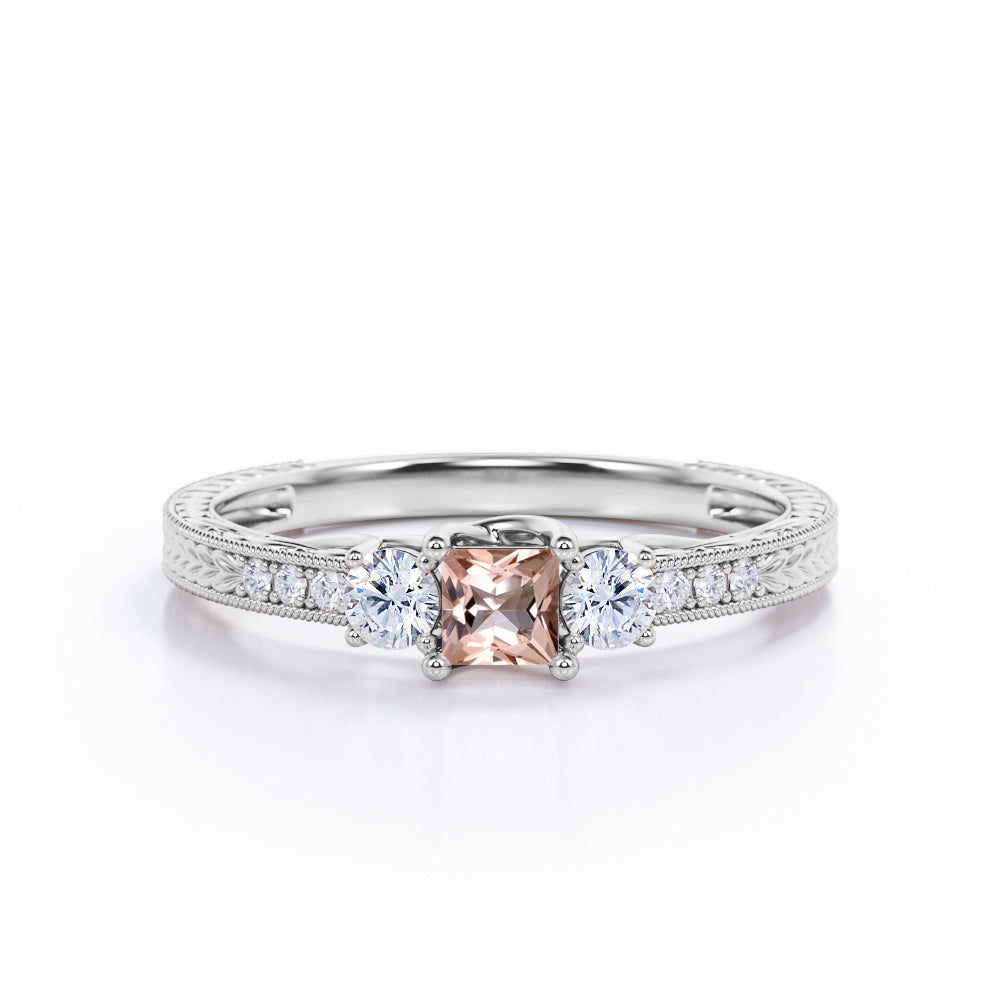 Modern 1.1 carat Princess cut Peach pink Morganite and diamond-3 stone engagement ring-leaf filigree ring for her