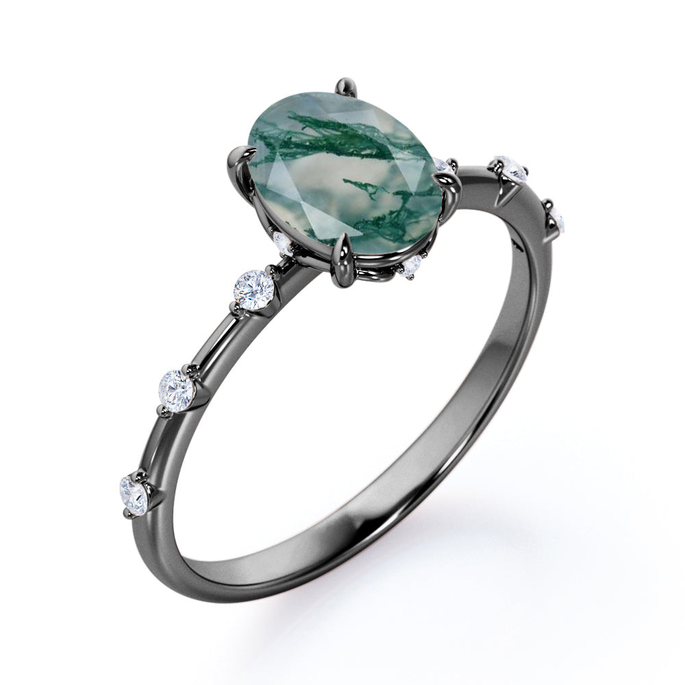 Branch Twig inspired 1.1 carat Moss Green Agate and diamond claw prong engagement ring in White gold