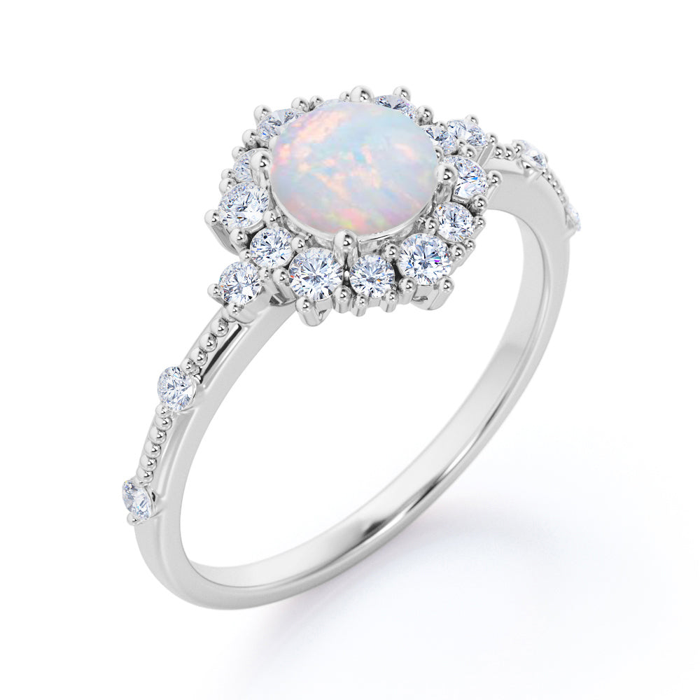 Floral art inspired 1.20 carat Round cut Ethiopian Opal and diamond-engraved-cluster halo engagement ring White gold
