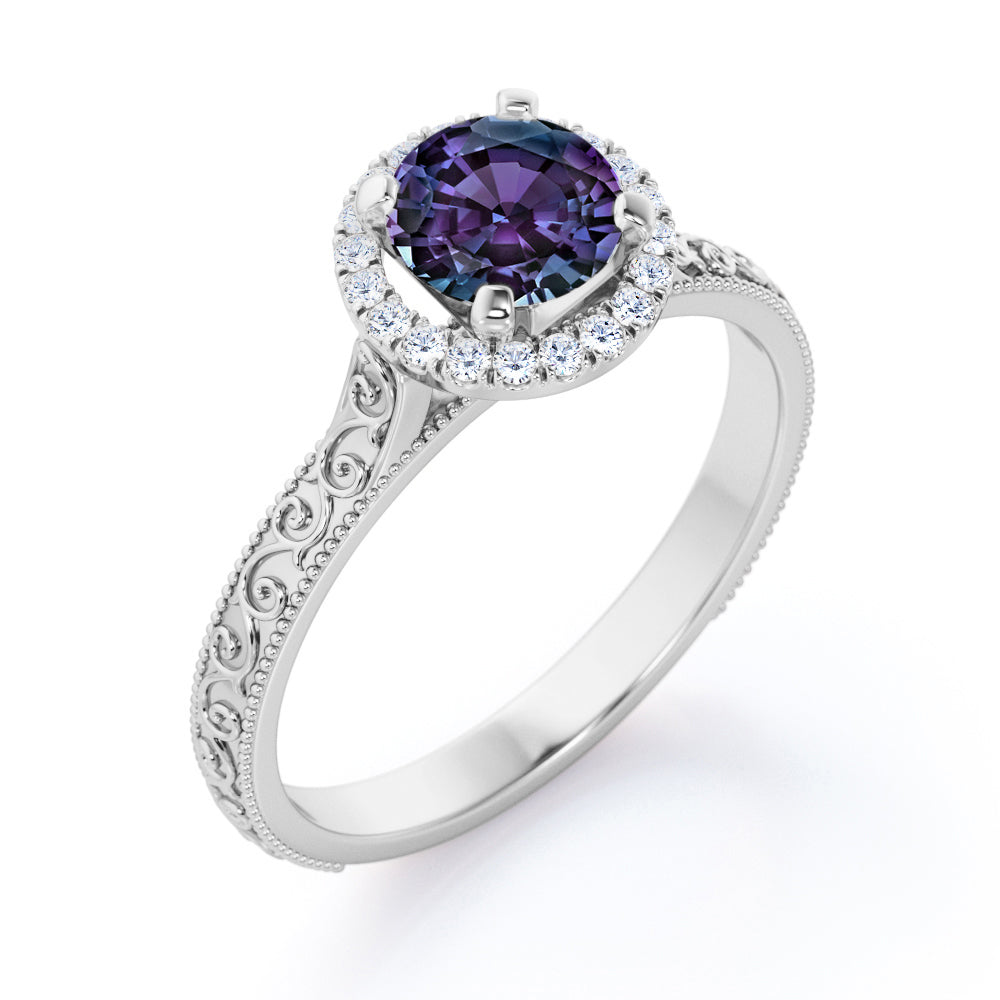 Artistic art deco 1.25 carat Round cut Alexandrite and diamond filigree and milgrain engagement ring in Black gold