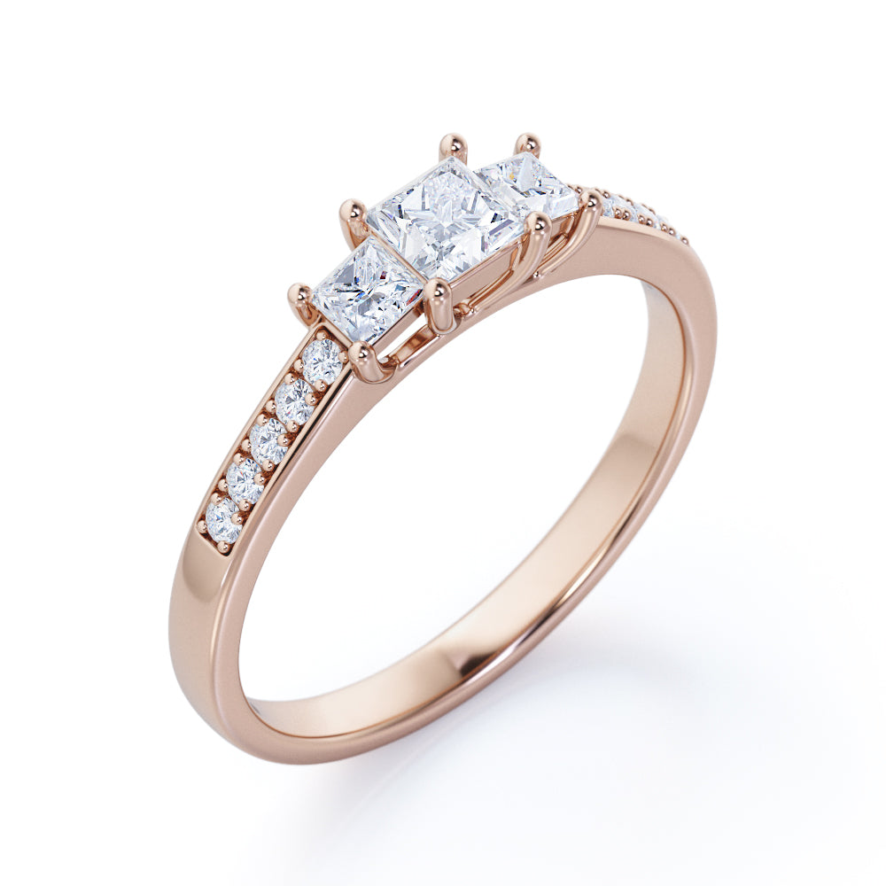 Vintage style 0.5 carat Princess cut diamond 3 stone channel set diamond ring in White gold-Engagement ring