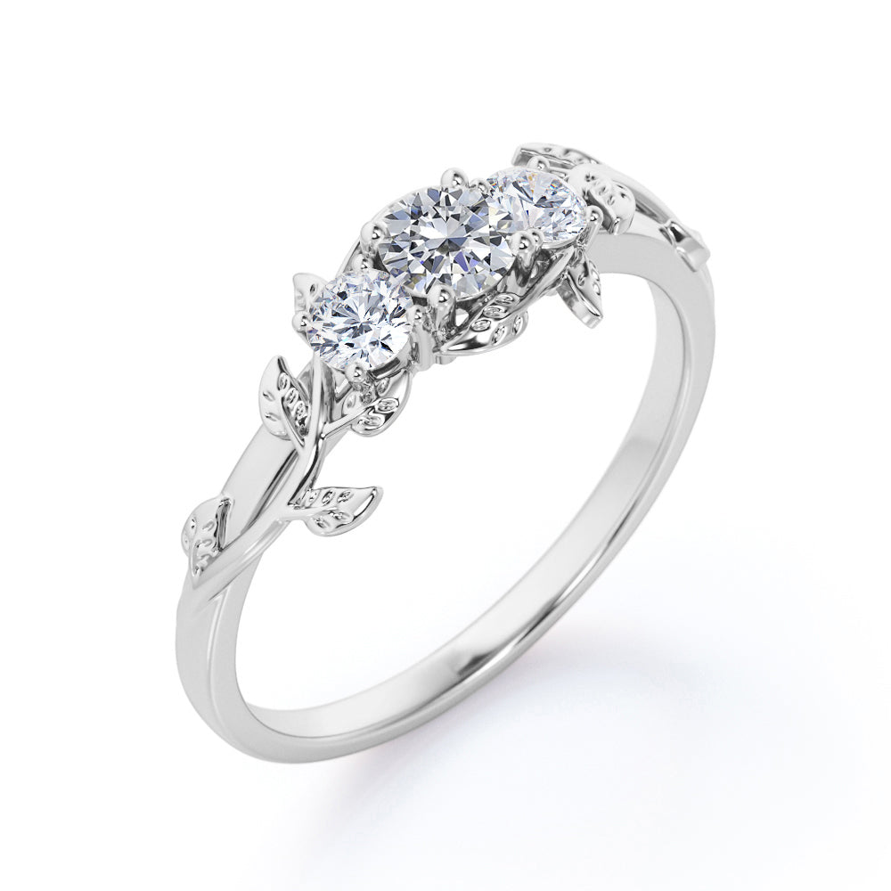 Eccentric Vine and leaf 0.75 carat round cut Moissanite and diamond 3 stone flower ring in White gold- Engagement ring