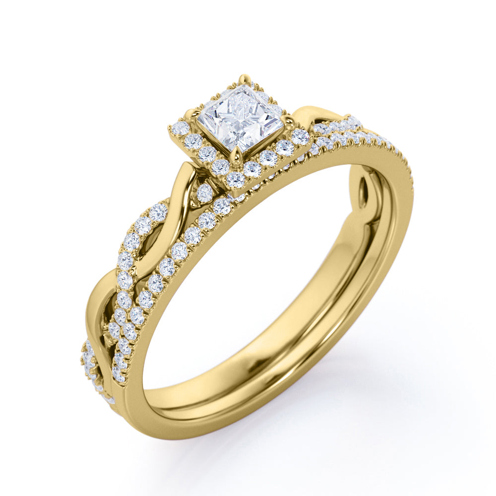 Infinity style 0.8 carat Princess cut Moissanite and diamond twisted halo engagement ring set in rose gold-Bridal set