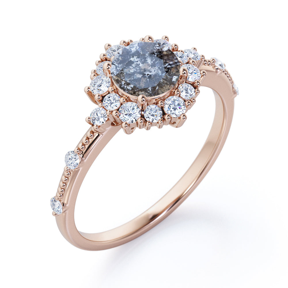 Floral Cluster 0.85 carat Round cut Salt and pepper diamond and White diamond beaded engagement ring in White gold