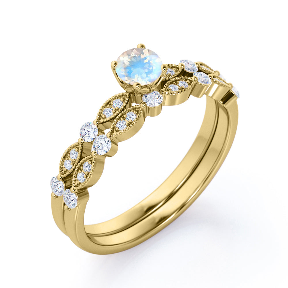 Classic Milgrain Bead style 0.85 carat Round cut Rainbow Moonstone and diamond engagement ring in Rose gold