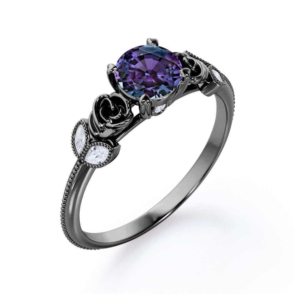 Vintage flowers 1.15 carat Round cut Lab created Alexandrite and diamond milgrain style engagement ring in White gold