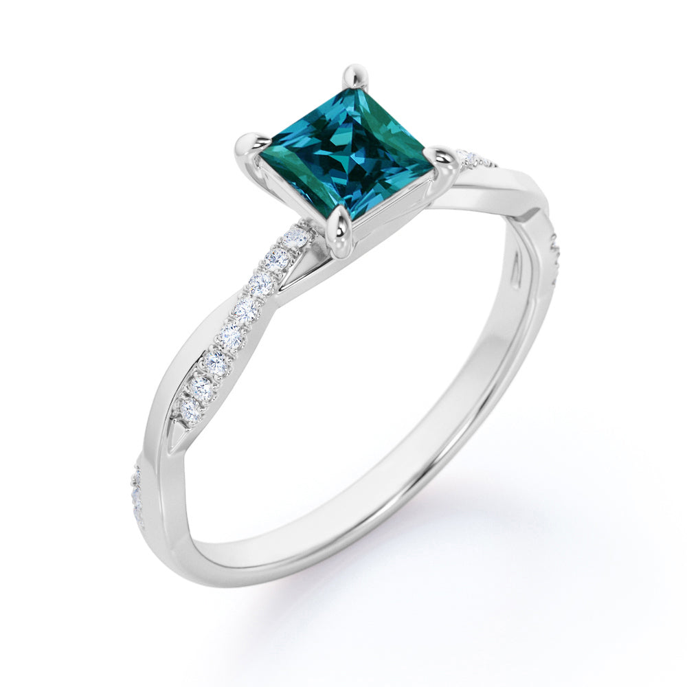 Infinity twist 1.2 carat Princess cut Synthetic Alexandrite and diamond contemporary engagement ring in Rose gold