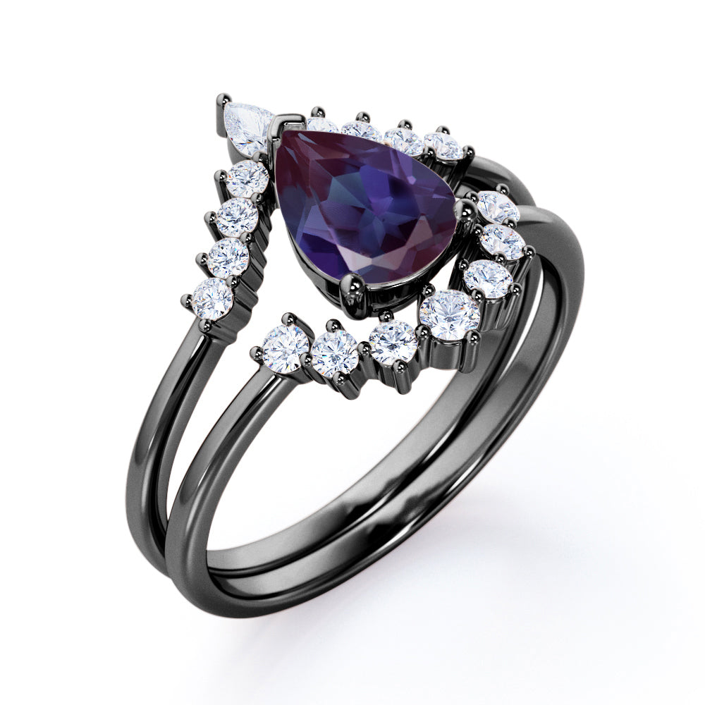 Elegant Vintage inspired 1.25 carat Pear shaped Lab made Alexandrite and diamond bridal set for women in Black gold