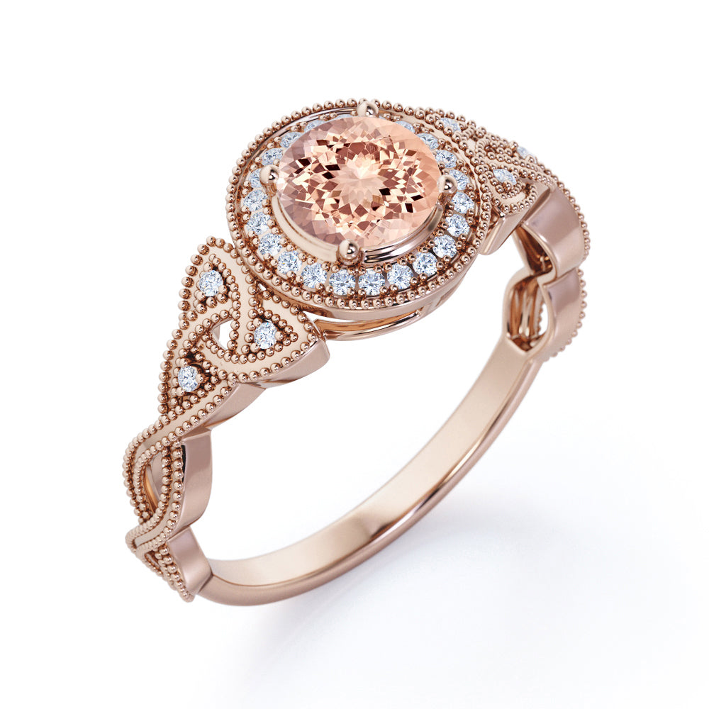 Twisted Vine 1.25 carat Round cut Peach Pink Morganite and diamond milgrain halo engagement ring in White gold